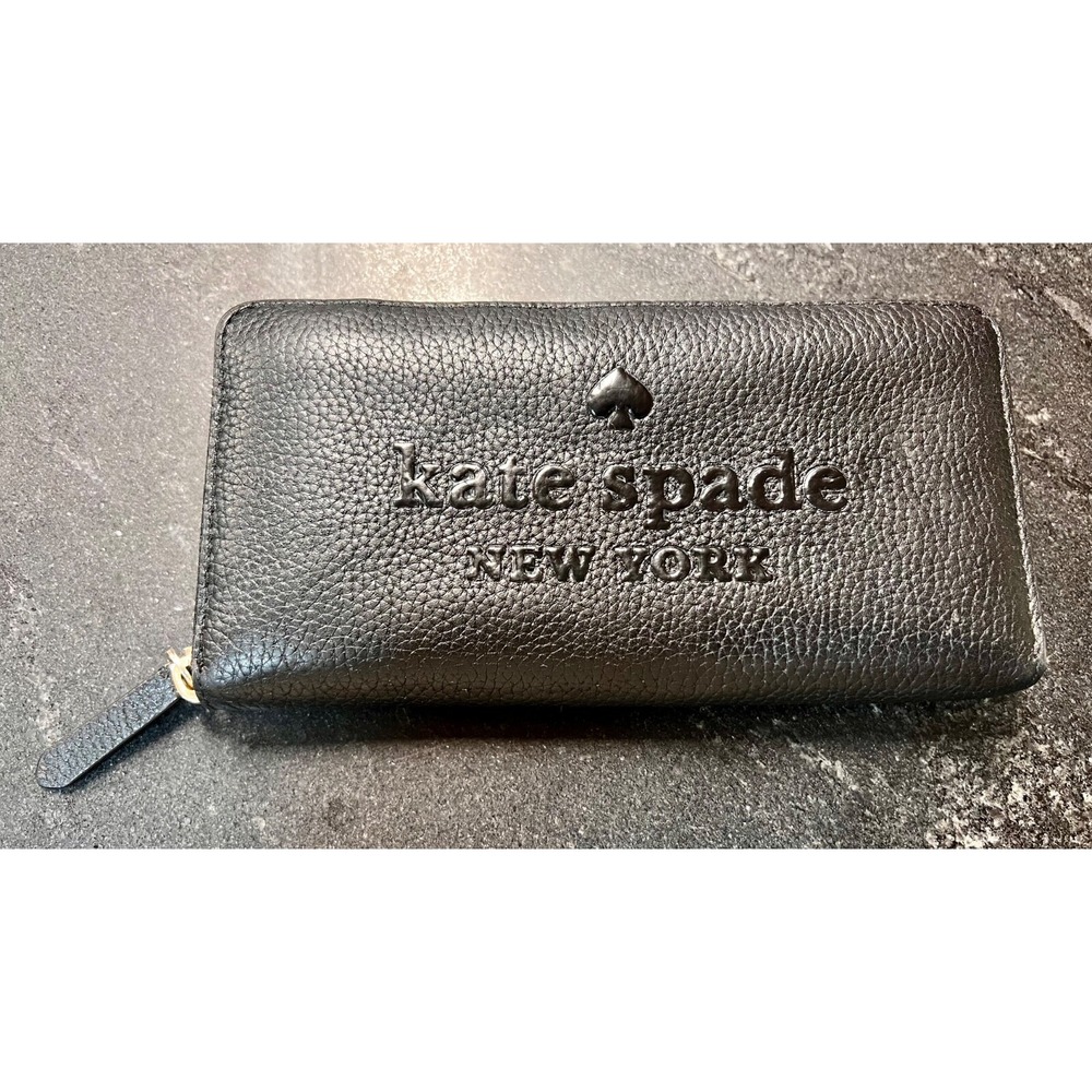 NEW Kate Spade‎ Black Large Continental Peebled Leather Zip Wallet Sienne Logo